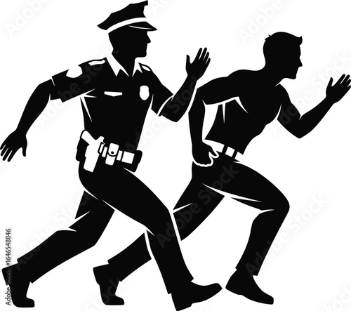 Silhouette of a police officer chasing a criminal, depicting law enforcement, pursuit, and urgency of crime prevention