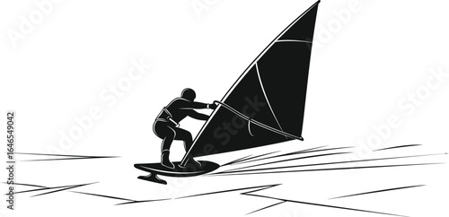 Silhouette of a windsurfer riding waves, an extreme water sport with wind power and skill a summer adventure for recreation and fun