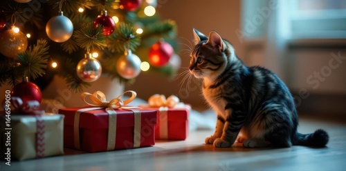 A cute cat investigates stylish Christmas gifts by a sparkling tree , cat, pet, decorations