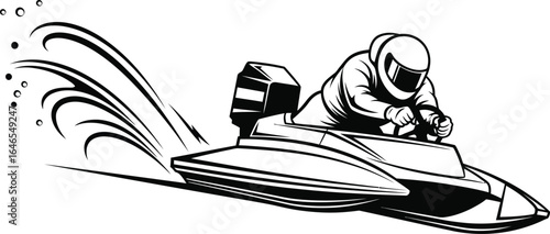 Illustration of a powerboat racing at high speed water, showcasing thrill of extreme sports and marine transportation