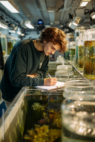 Late morning in a marine biology center with tanks and water samples. A young researcher studies sea creatures and notes their behavior
