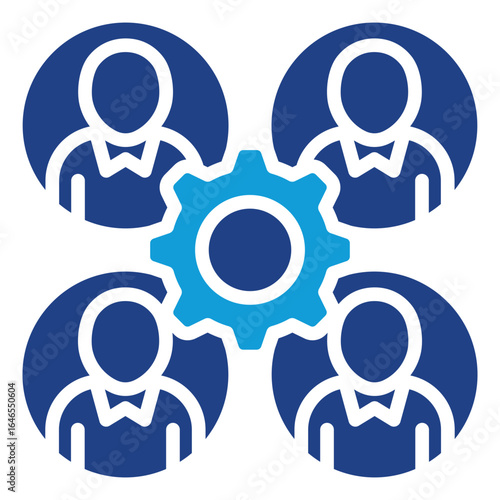 Connected Workforce Glyph Blue Silhouette Icon Design Vector - Four businesspeople in circles connected by a central gear, symbolizing networking, workflow, and integrated teamwork