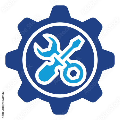 Gear Tools Glyph Blue Silhouette Icon Design Vector - Gear containing crossed wrench and screwdriver, symbolizing engineering, technical work, and mechanical repair