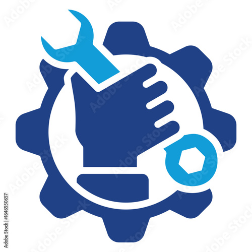 Hand Repair Glyph Blue Silhouette Icon Design Vector - Outline of a hand holding a wrench inside a gear, symbolizing manual repair, maintenance, and engineering work