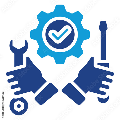 Maintenance Check Glyph Blue Silhouette Icon Design Vector - Two crossed hands holding a wrench and screwdriver under a gear with a check mark, representing repair, service, and quality assurance