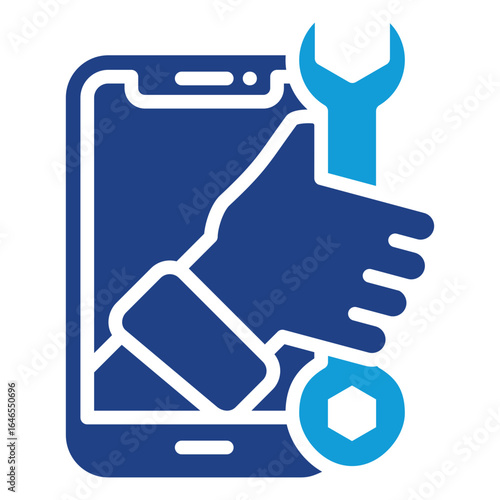 Mobile Repair Glyph Blue Silhouette Icon Design Vector - Smartphone with a hand holding a wrench, representing digital device repair, mobile maintenance, and tech service