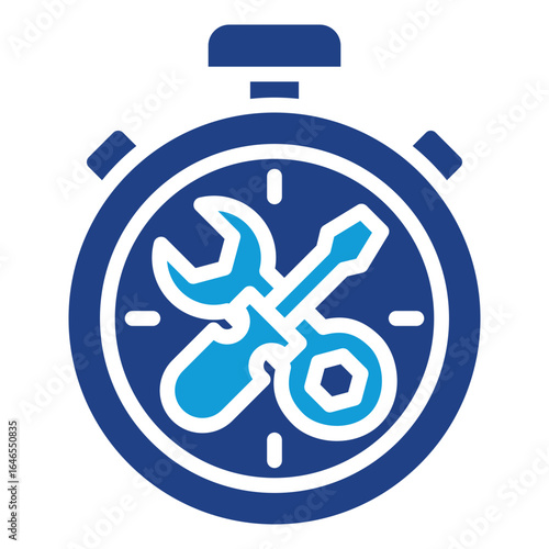 Time Repair Glyph Blue Silhouette Icon Design Vector - Stopwatch with crossed wrench and screwdriver, representing timed maintenance, urgent repair, and technical efficiency