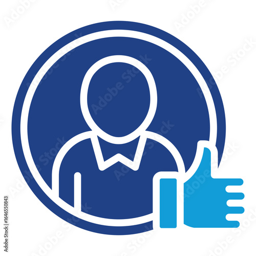 User Approval Glyph Blue Silhouette Icon Design Vector - Circular frame with a user avatar and thumbs up symbol for approval or recommendation