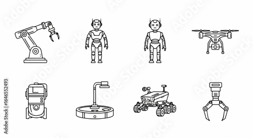 Robotics and Automation Line Icons Collection. Industrial, Domestic, and Exploration Robots Outline Set.