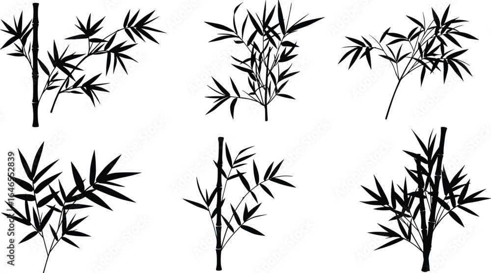 Naklejka premium Elegant black bamboo silhouette illustrations, tropical plant branches, Asian style nature design, isolated vector set, minimalist botanical art
