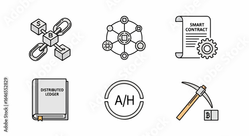 Blockchain, Cryptocurrency & Smart Contract Technology Icons Set. Digital Ledger, Crypto Mining & Network Symbols.