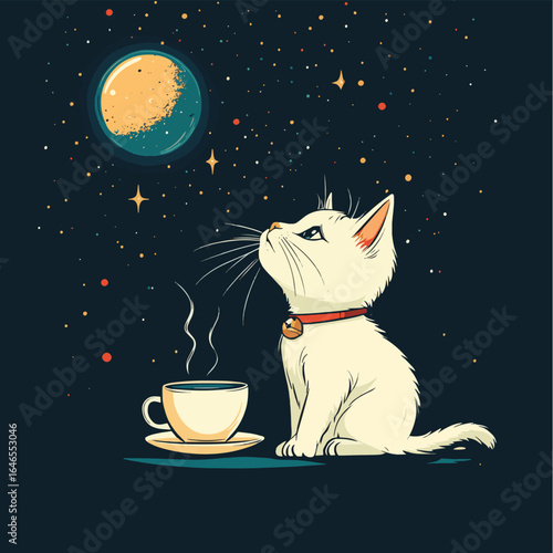 White cat observing a galaxy while enjoying a cup of coffee, vector style simple color