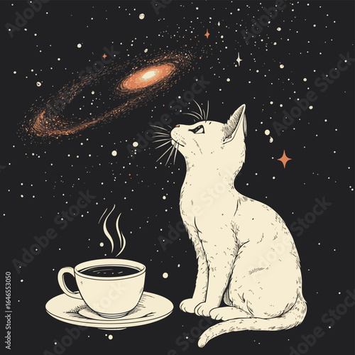 White cat observing a galaxy while enjoying a cup of coffee, vector style simple color