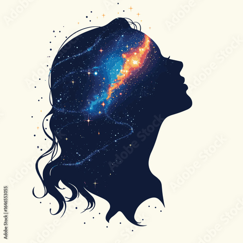 Woman silhouette with stars flowing from head, exploring the universe within, vector style simple color