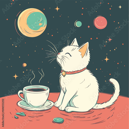White cat observing a galaxy while enjoying a cup of coffee, vector style simple color