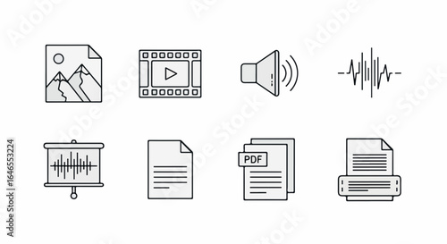 Digital File Type and Multimedia Line Icons Set. Vector graphics for image, video, audio, text, PDF, and presentation documents.