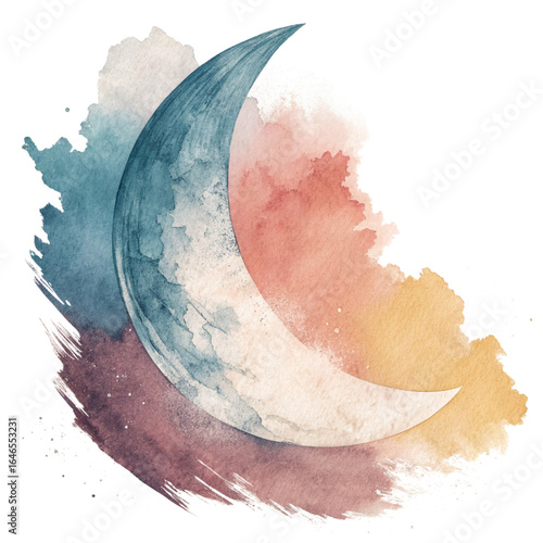 Dreamy watercolor crescent moon with swirling artistic paint strokes evoking celestial wonder