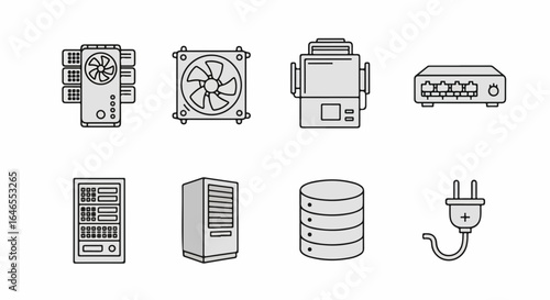Computer Hardware and IT Infrastructure Line Icons Set: Server, Network, Power Supply, Storage, and Peripherals