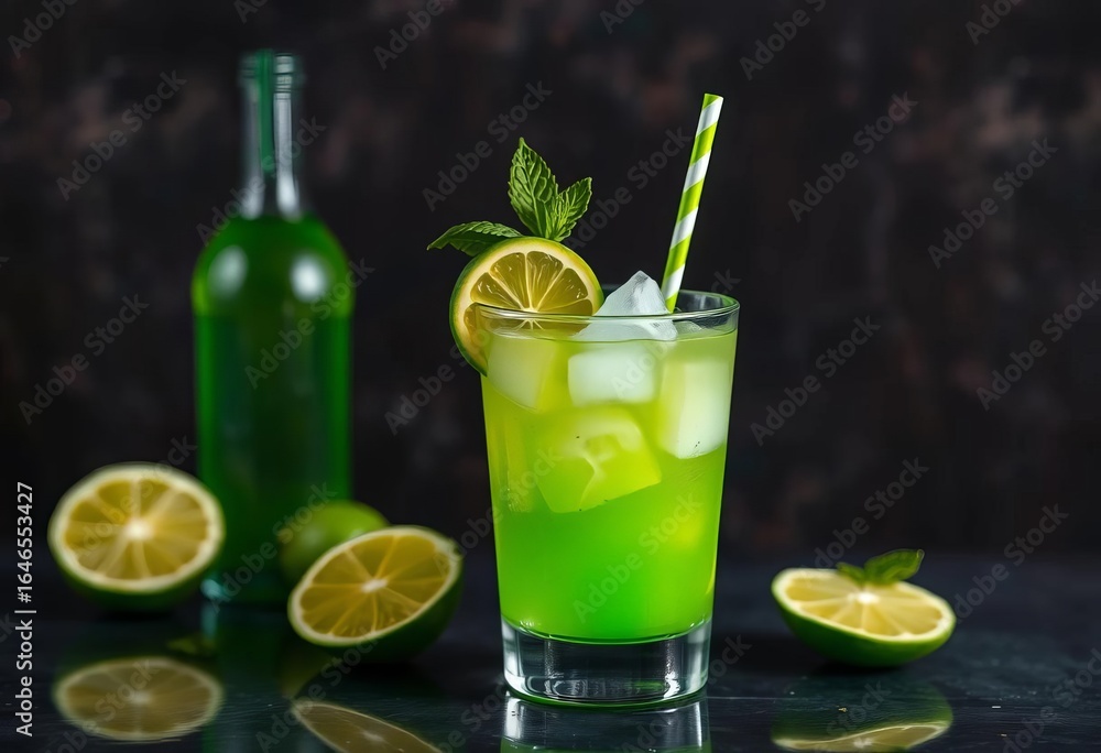 Fototapeta premium Lime green cocktail with cane sugar, lime, and soda, citrus, limeade