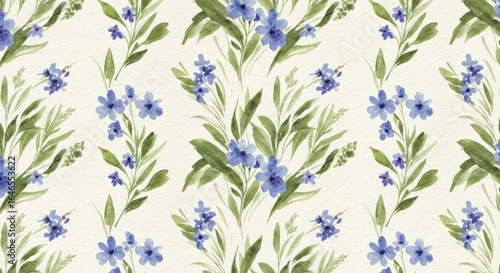 Watercolor Floral Pattern: Blue Flowers and Green Leaves.