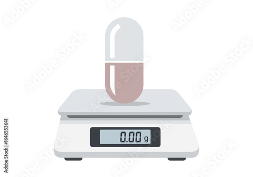 Conceptual illustration of a medicinal capsule on a digital scale showing a zero gram weight, representing a placebo effect or precision.