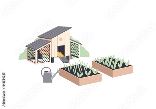 Sustainable backyard farming illustration with a modern chicken coop and productive raised garden beds, symbolizing self-sufficiency and fresh produce.