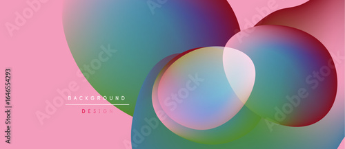 Abstract colorful shapes overlap, creating dynamic visual effect. Pink background complements vibrant hues, modern design element.