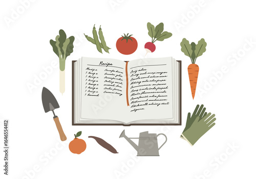 Farm to table concept with a recipe book surrounded by fresh garden vegetables and gardening tools