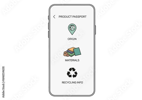 Digital product passport app on smartphone screen with icons for origin, materials, and recycling information.