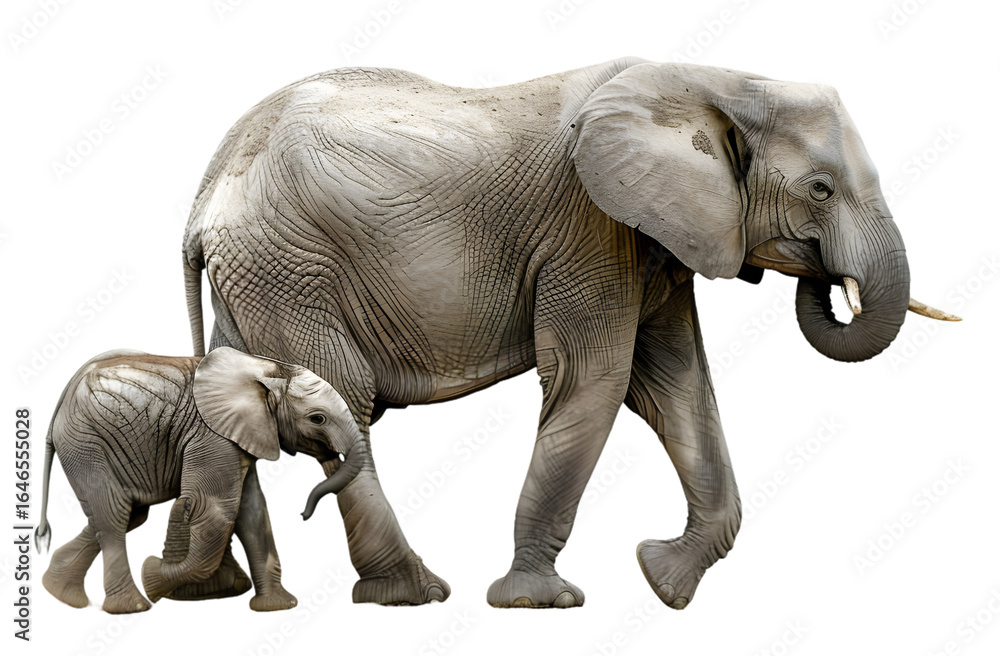 Fototapeta premium A mother elephant and her calf walking through a savannah, with trees and grass in the background