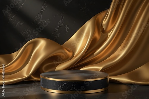 Luxury black and gold pedestal with flowing silk drapery