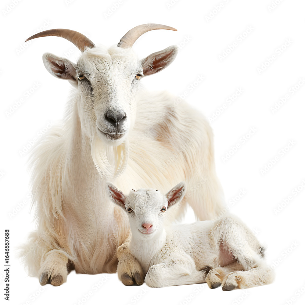 Fototapeta premium Mother goat and her kid resting together in a serene setting, showcasing their bond and tranquility