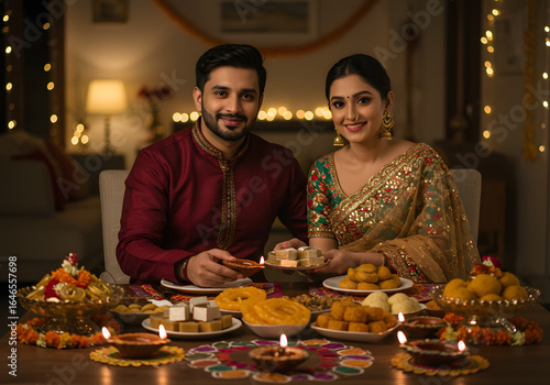 Indian Couple Celebrating Diwali Traditional Attire, Sweets, Diyas, Festival of Lights, Joyful Celebration.