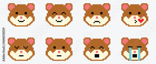 Hamster Pixel Art Expressions - Cute Pixel Emoji Faces in Various Emotions.