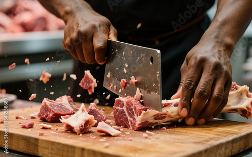 Hands Using Cleaver to Cut Meat