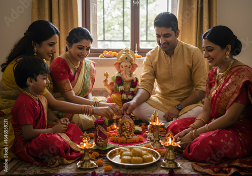 Indian Family Celebrating Ganesh Chaturthi Festival Puja, Deity, Sweets, Lamps, and Togetherness.
