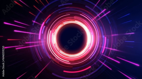 A futuristic circular tunnel passageway with glowing vibrant neon lights creating a mesmerizing and abstract science fiction visual.