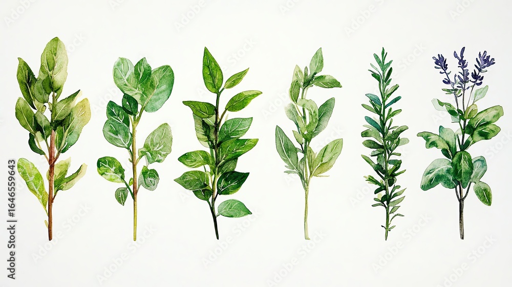 Fototapeta premium Various green leaves and herbs on a white background.