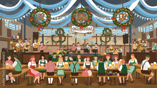 The festive atmosphere of Oktoberfest, with people in traditional Bavarian attire enjoying beer, music, and food