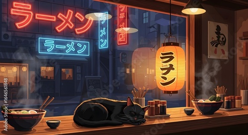 A black cat sleeps peacefully at the counter of a cozy Japanese ramen shop at night, with the neon lights and warm lantern glow creating a soothing lo-fi atmosphere.