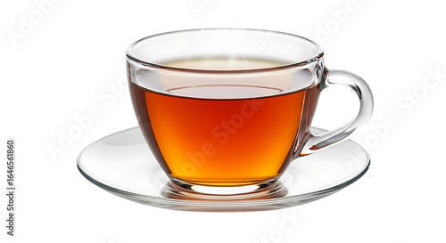 Clear glass mug filled with hot tea on a saucer isolated on transparent background