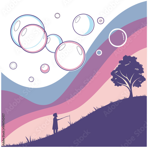 Illustration of a child blowing bubbles on a hill with a tree and colorful wavy background design art