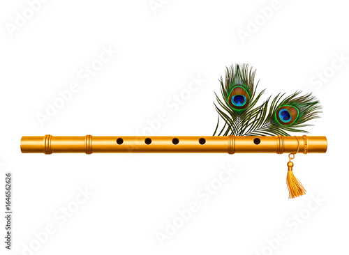Bamboo flute with peacock feather isolated on transparent background