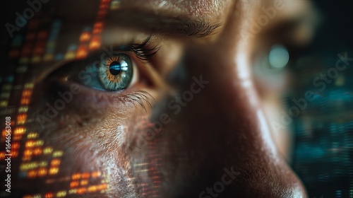 Close-up of an intense gaze with data visualization reflecting in the eyes.