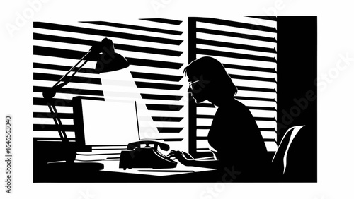 Silhouette of woman at desk with computer lamp and telephone against a window with venetian blinds
