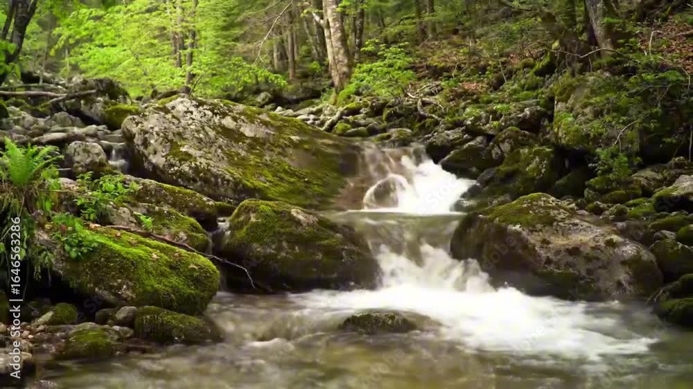 A stream flows over mossy rocks in a verdant forest A stream flows over mossy rocks in a verdant forest