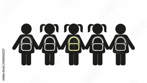 Five stick figure girls holding hands wearing backpacks with one backpack highlighted in yellow color silhouette