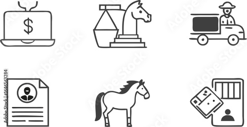 Illustration of online money, horse chess piece, delivery truck, resume, horse, and sim card icons art work silhouette