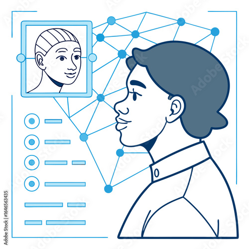 Illustration of a person with a profile picture and connecting dots in a blue and white color scheme