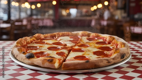 Delicious Steaming Pepperoni Pizza on Checkered Tablecloth in Rustic Italian Restaurant Setting